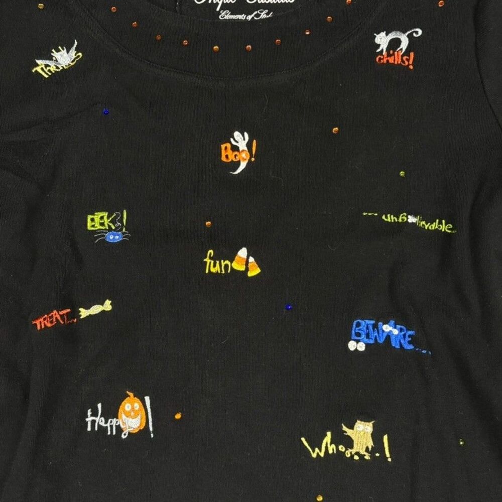 Women's Black Halloween‎ Top Shirt XL Pumpkins Ghosts Cats Witchy Whimsigoth - Picture 2 of 5